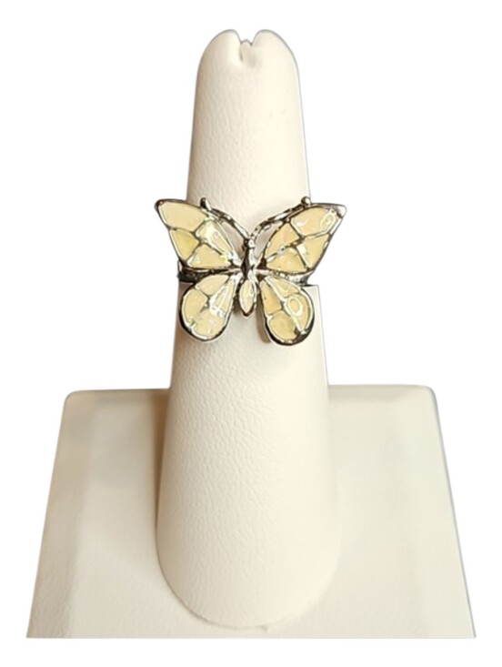 Jewelry - Vintage Silver Tone Iridescent Cream Enamel Butterfly Ring Size 7
